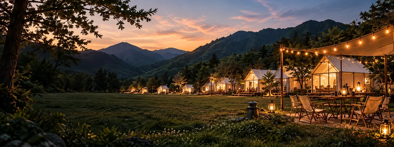 노을이 내려앉은 산자락의 텐트와 넓은 잔디 전경 콘셉트
